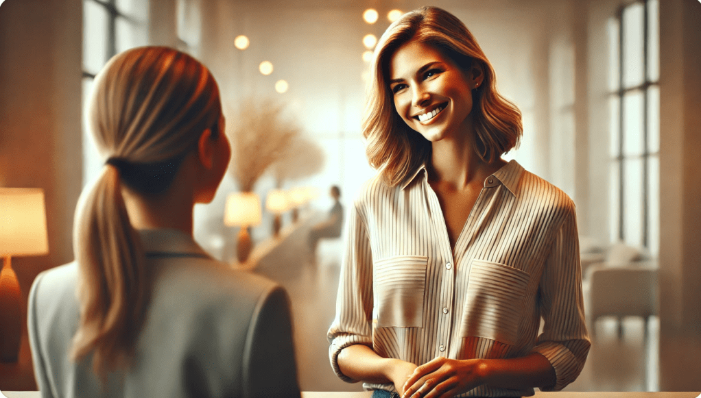 Coachende vrouw geeft een oprecht compliment aan een collega in een moderne werkomgeving. Het belang van erkenning en waardering in professionele groei. 