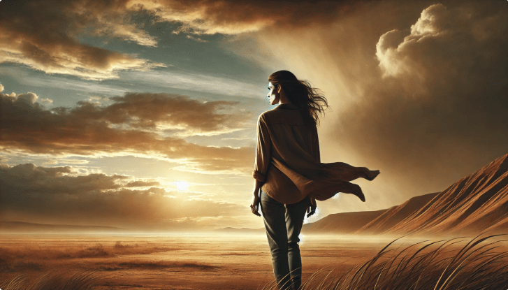 Vrouw staart over een uitgestrekte horizon, symboliserend emotionele veerkracht en innerlijke kracht. Mental coach