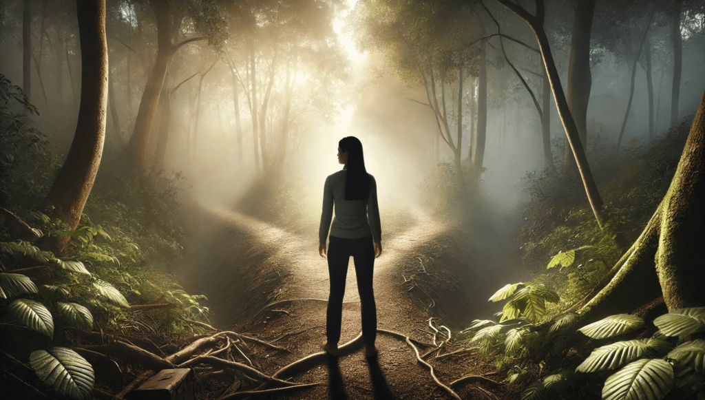 Twijfelende vrouw op een kruispunt in een mistig bos, symbolisch voor loopbaankeuzes en persoonlijke groei.