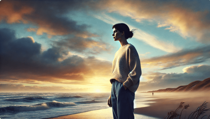 Reflectieve vrouw op een verlaten strand bij zonsondergang, nadenkend over groei en emotionele veerkracht, mental coach