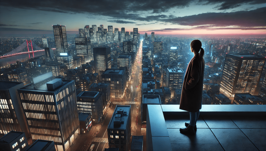 Vrouw kijkt vanaf een stadsdak over de skyline, als metafoor voor nieuwe perspectieven en groeimogelijkheden in carrière en mindset.