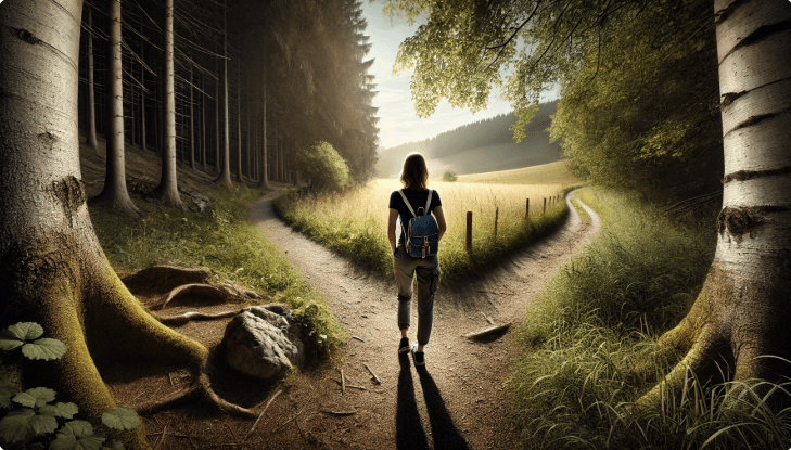 Vrouw bij een tweesprong in de natuur, twijfelend over haar keuze. Symbolische weergave van besluitvorming, coaching en persoonlijke groei. NLP en mindset voor betere beslissingen.