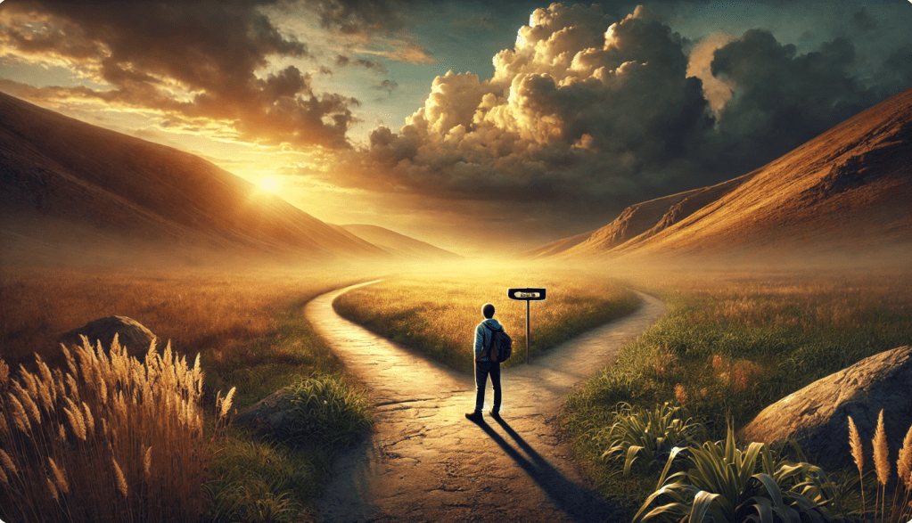 Persoon staat aan splitsing tussen geplaveid pad en wilde route in heuvelachtig landschap bij zonsopgang – symbool voor keuzes, verandering en persoonlijke groei