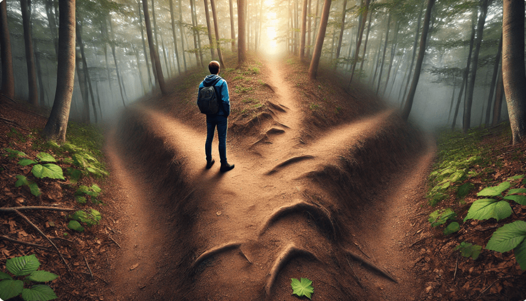 Persoon twijfelt aan splitsing op natuurlijk wandelpad in bos, symbool voor keuzes maken en actie durven nemen – mental coaching