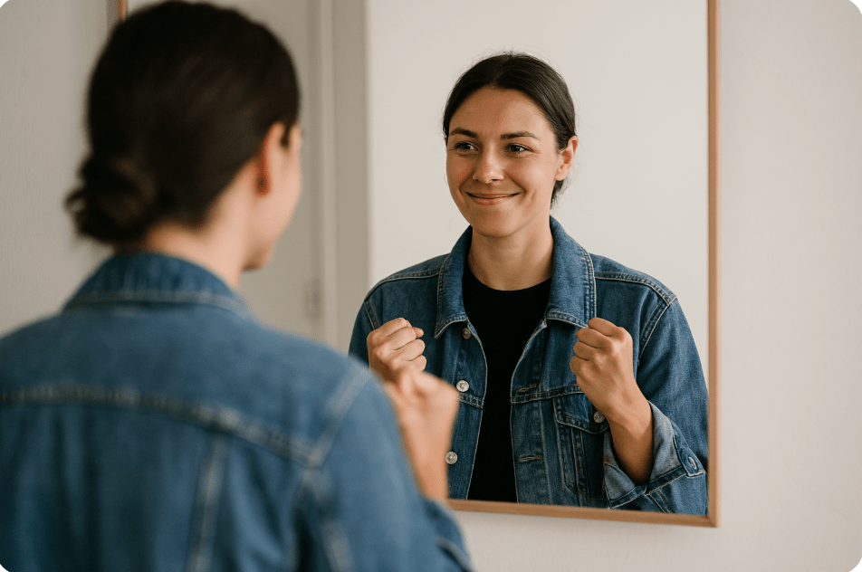 Een jonge vrouw kijkt met een zelfverzekerde glimlach naar haar spiegelbeeld. Ze draagt een jeansjasje en een zwarte top, haar haar zit nonchalant in een knot. Het zachte, natuurlijke licht benadrukt haar rustige uitstraling en het moment van zelfreflectie.