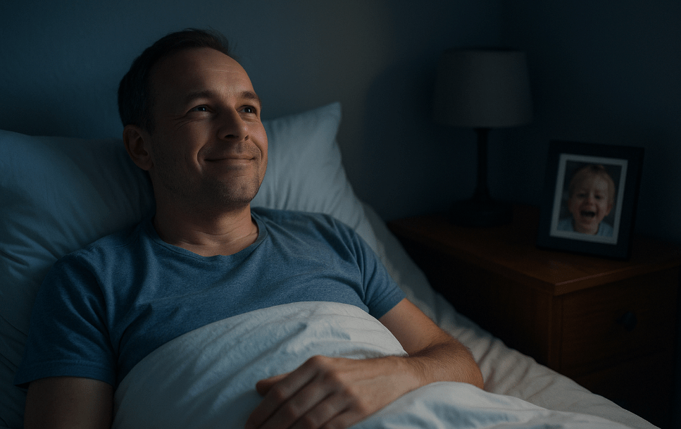 Voorbeeld van een man die 's nachts wakker wordt van stress en zich kalmeert met een positieve gedachte, passend bij het toepassen van implementatie-intenties voor betere slaap en emotionele rust.