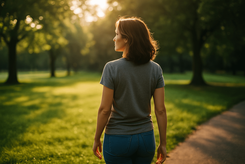 Vrouw wandelt in een zonovergoten park bij zonsondergang, symbolisch beeld voor persoonlijke groei, nieuwe stappen zetten en zelfreflectie.