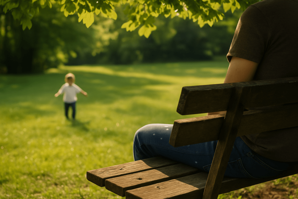 Vrouw zit op een verweerd houten bankje in een zonnig park en kijkt glimlachend naar een wankelend kindje op het gras – symbool voor persoonlijke groei, verandering en zelfreflectie.