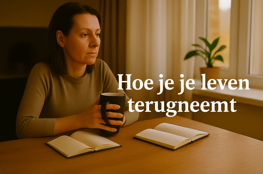 Vrouw van middelbare leeftijd tijdens een coachingsmoment van zelfreflectie, met thee en notitieboek aan tafel in ochtendlicht — visualisatie van innerlijke rust, zelfzorg en persoonlijke groei via coaching 