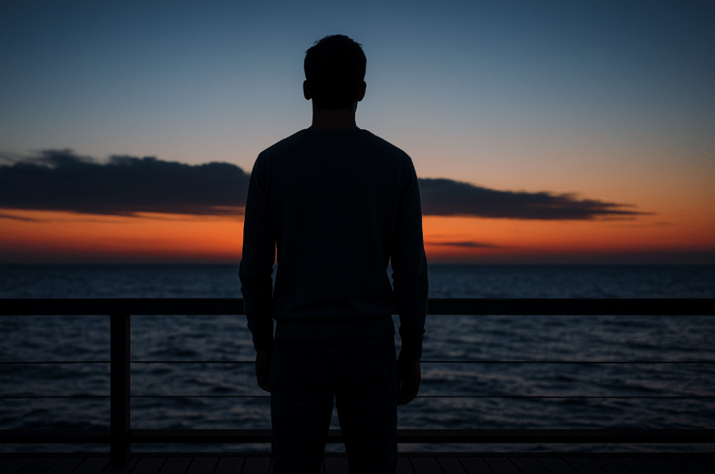 Silhouet van een man op een pier bij zonsondergang, kijkend naar de oceaan — symboliseert persoonlijke groei, overgang en innerlijke reflectie.