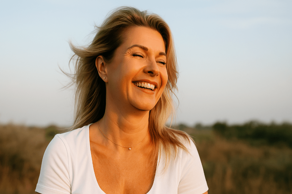 Vrouw met warme glimlach in open landschap, symbool voor persoonlijke groei en innerlijke rust: mental coaching 