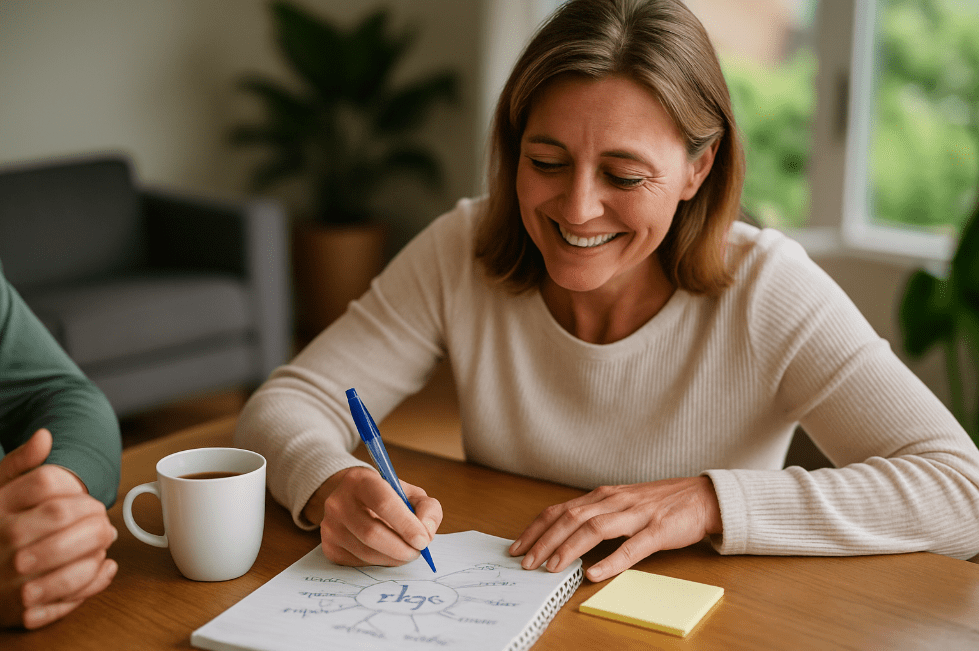 Een vrouw lacht terwijl ze ideeën noteert aan tafel, tijdens een reflectiemoment over haar loopbaanmogelijkheden samen met vdab loopbaanbegeleiding met loopbaancheques
