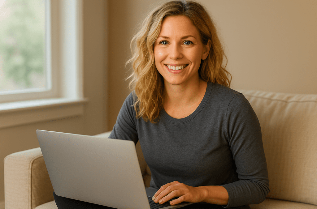 Jonge vrouw Eva van rond de 35 jaar werkt ontspannen op haar laptop in een lichte zomerse woonkamer — symbool voor focus, balans en werkgeluk, gebruikt op de blog van een mental coach.
