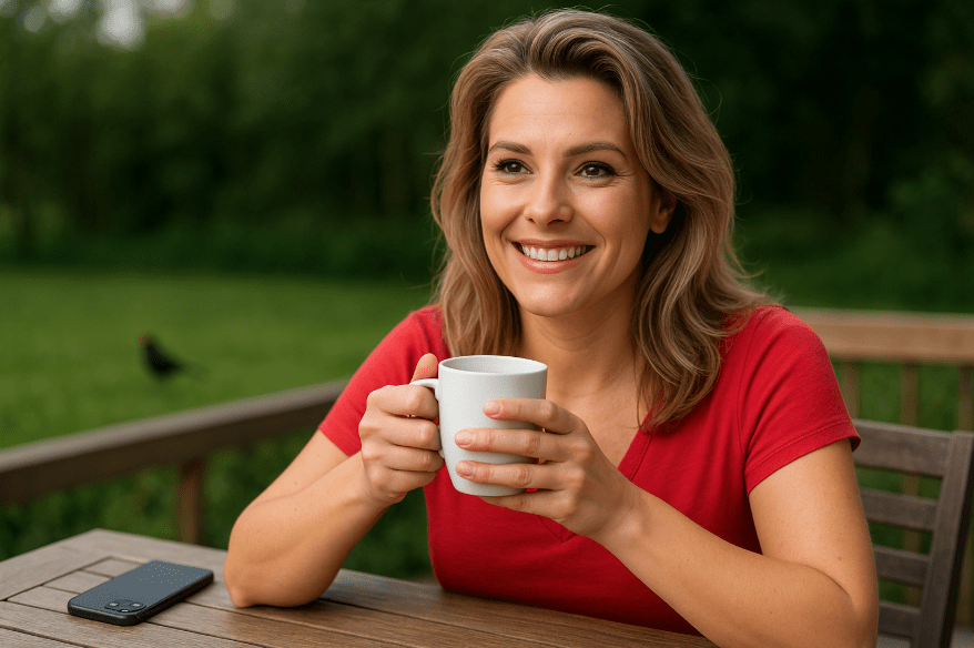 Vrouw van 38 met blonde haren geniet van haar ochtendkoffie aan een houten terrastafel, met haar smartphone naast zich. Ze glimlacht ontspannen terwijl op de achtergrond groen en een merel zichtbaar zijn — een moment van rust en reflectie in Lokeren