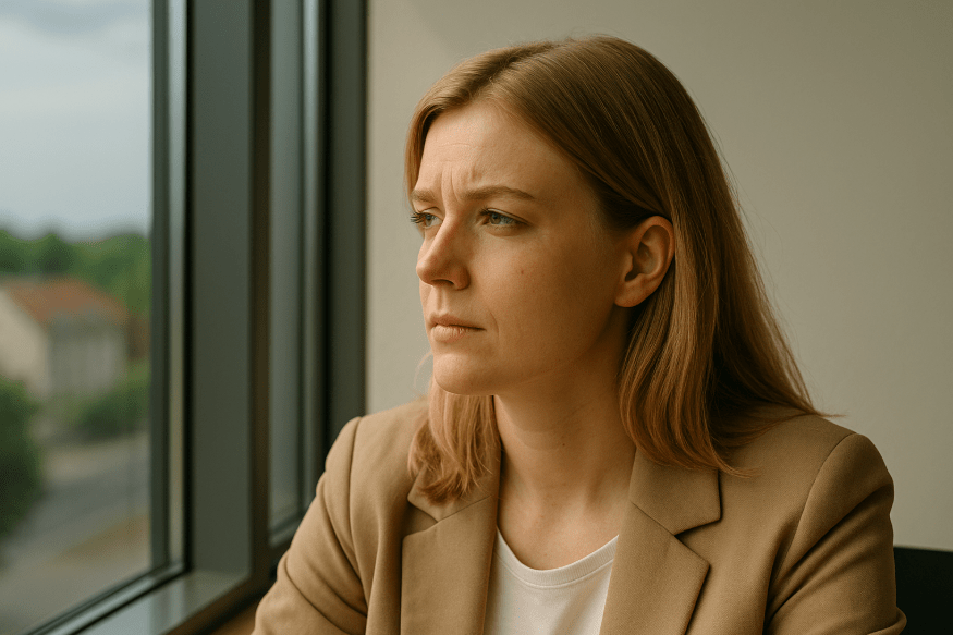 kantoormedewerkster in close-up die in gedachten naar rechts uit het raam staart, zachte ochtendzon met lichte schaduwen op haar gezicht, gevoel van twijfel en gemiste kansen