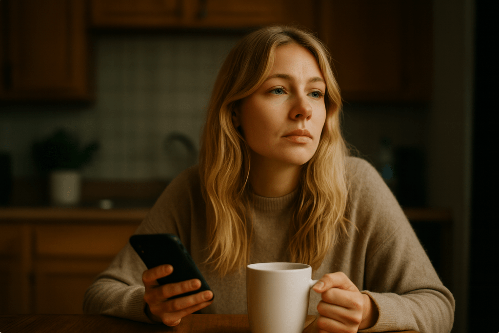 Blonde vrouw aan keukentafel met mok en smartphone, in gedachten verzonken over haar leven en keuzes, mental coach 
