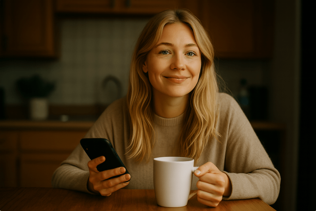 Blonde vrouw met zachte glimlach, aan keukentafel met koffie en smartphone, klaar voor verandering, zelfvertrouwencoach
