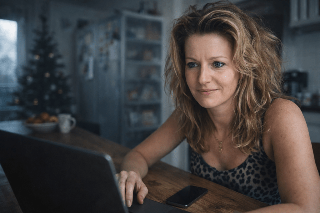 Vrouw aan keukentafel tijdens kerstvakantie met laptop en smartphone, gespannen houding en geforceerde glimlach, subtiele kerstboom op de achtergrond, thuiswerkstress en mentale onrust.