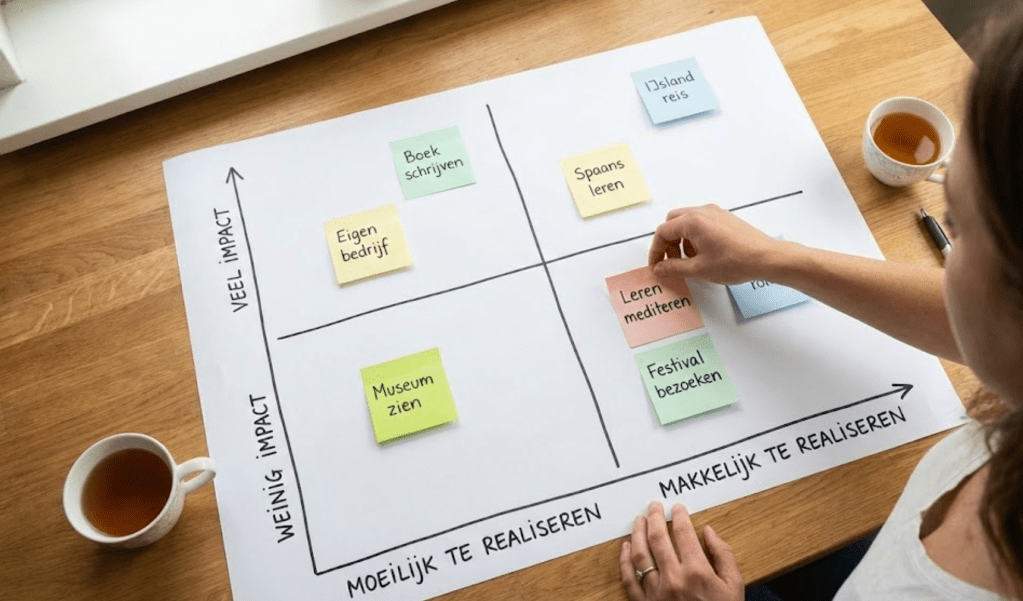 Prioriteitenmatrix met post-its voor het realiseren van dromen en doelen, gebruikt tijdens een coachingstraject tegen overweldiging