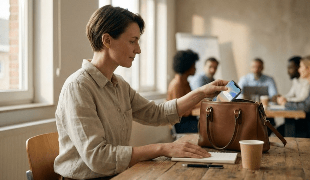 Mentale coach helpt bij FOMO: persoon legt smartphone weg tijdens vergadering en kiest voor rust en focus.