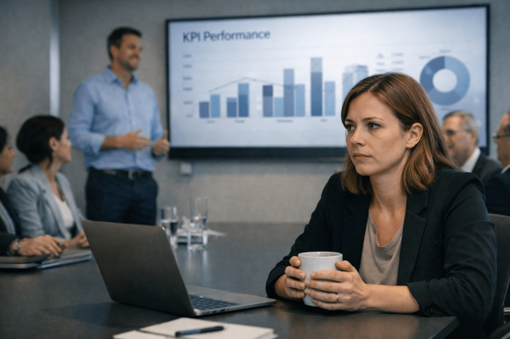 Project lead die zich inhoudt in een meeting terwijl collega zichtbaar scoort op KPI’s, herkenbaar moment van jezelf vergelijken op het werk.