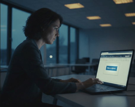 Een vrouw die aarzelt bij het plannen van een nieuwe afspraak op haar laptop in een donker kantoor; een krachtig beeld van perfectionisme en de sleur van de dagelijkse routine waar een mental coach bij kan helpen