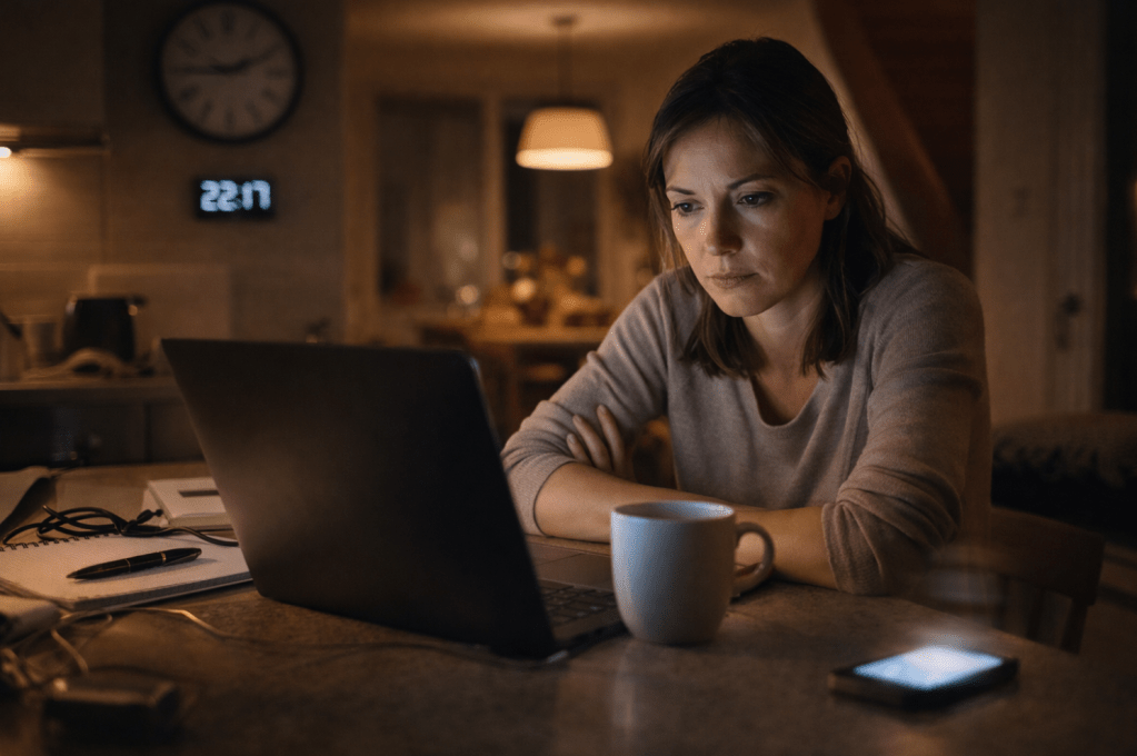 Vrouw werkt ’s avonds aan de keukentafel om 22:17 en twijfelt tussen laptop openhouden of tijd nemen om tot rust te komen