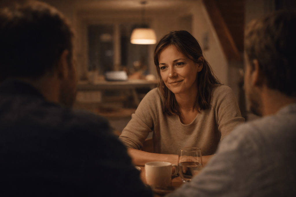 Vrouw zit ’s avonds ontspannen aan tafel en luistert aandachtig, volledig aanwezig bij de mensen om haar heen