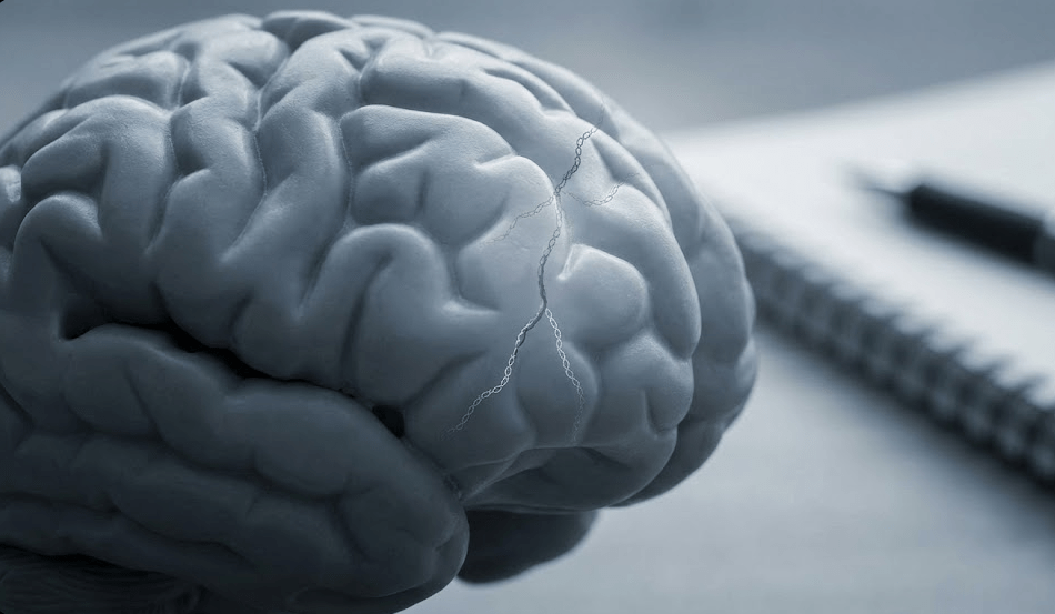 Een monochroom model van het menselijk brein met een subtiele barst en kettingpatroon eroverheen, een visuele metafoor voor hoe het brein het patroon van verbroken beloftes aan jezelf registreert en het verlies van zelfvertrouwen dat daarop volgt