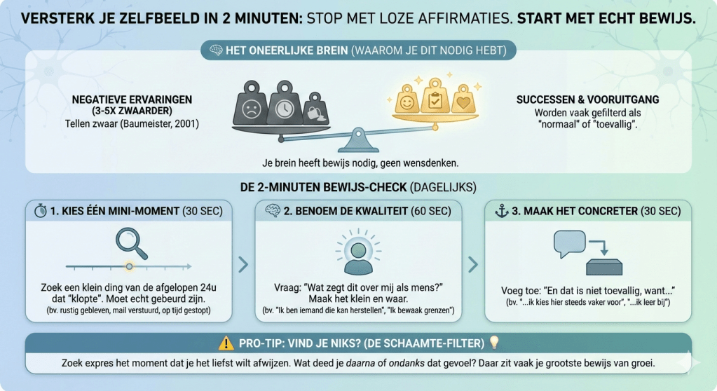 Infographic van mental coach en perfectionismecoach Wim over de 2-minuten oefening om je zelfbeeld te versterken zonder affirmaties. Bevat een stappenplan voor perfectionisten om negatieve denkpatronen en de schaamte-filter te doorbreken.