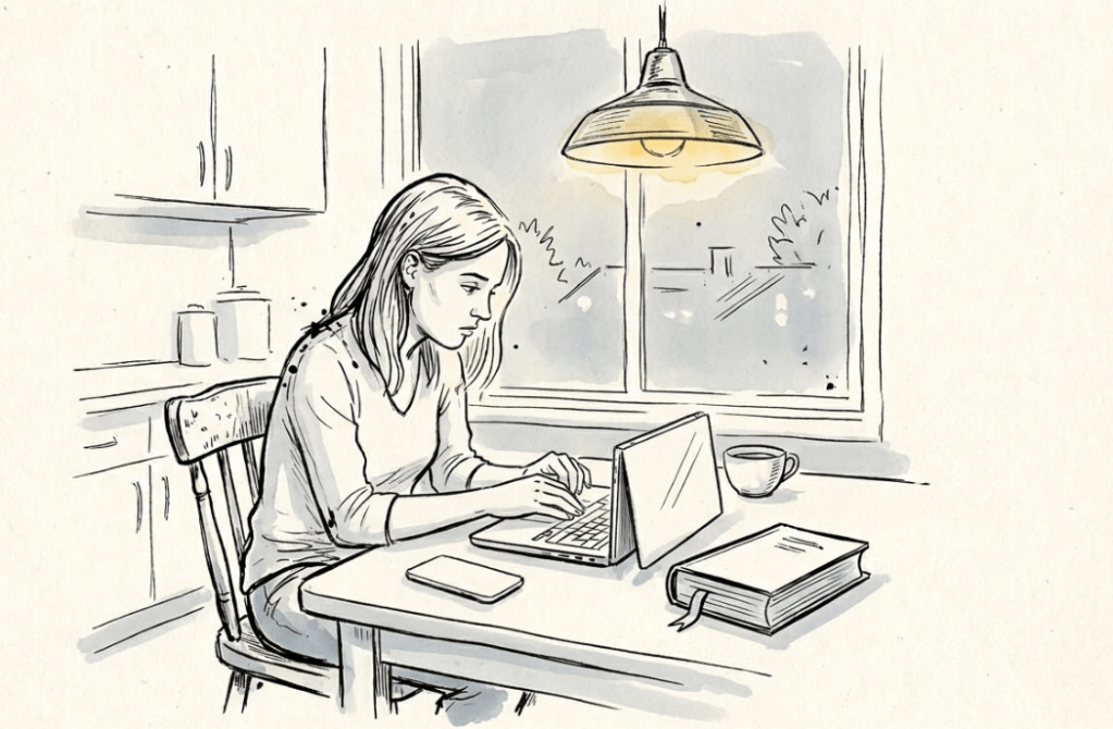 Sfeervolle pentekening van een vrouw die tot laat in de nacht doorwerkt op een laptop aan de keukentafel, symbolisch voor het ontbreken van gezonde grenzen en de noodzaak van assertiviteit.