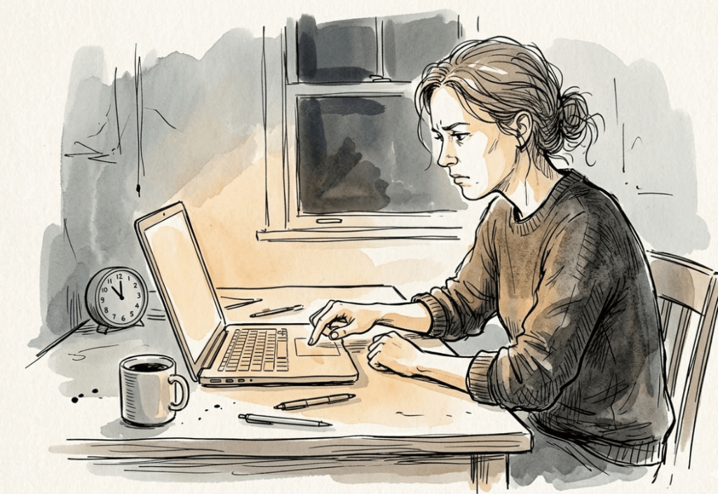 Vrouw achter laptop twijfelt voor ze op verzenden klikt — illustratie over uitstelgedrag en beslissingen nemen, mental coaching door Wim Annerel