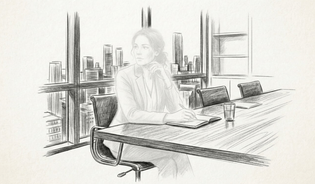 Handgetekende illustratie van een succesvolle vrouw die vastloopt in identiteitsverlies ondanks haar succes - thema uit mental NLP coaching rond perfectionisme en gedragsverandering