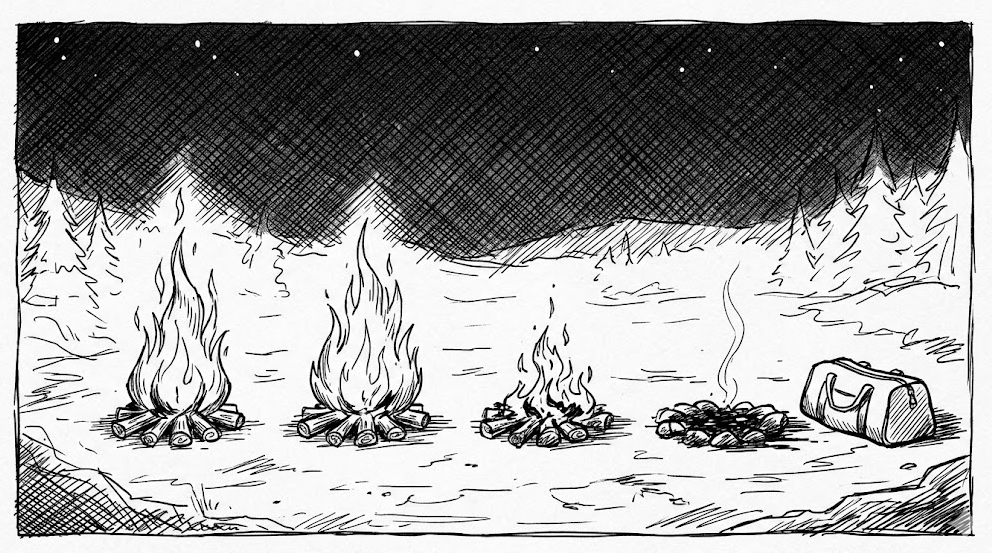 Handgetekende illustratie van vier kampvuren op verschillende sterkte als metafoor voor energiebalans en burnout preventie