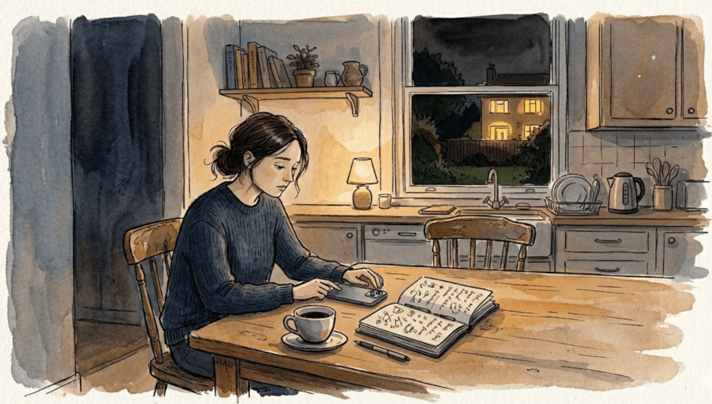 Handgetekende illustratie van een vrouw die alleen aan een keukentafel zit te reflecteren met een planner en koffie, gebruikt voor mental coaching bij eenzaamheid en zelfreflectie