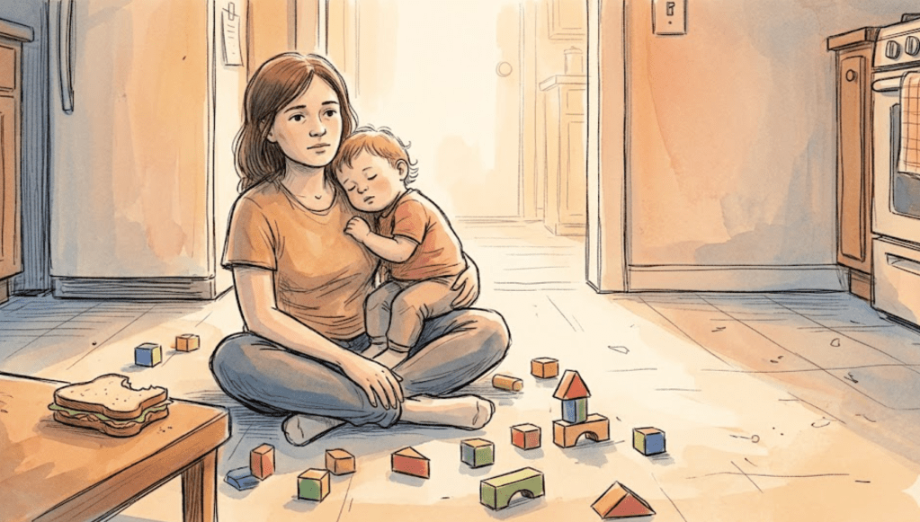 Sfeervolle waterverf tekening van een vrouw met een kind op haar schouder op de grond, gebruikt voor mental coaching bij overbelasting en het vinden van rust in een druk gezinsleven