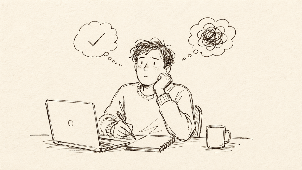 Handgetekende illustratie van iemand die vastloopt achter een laptop, met twee gedachtenwolken: één met een taak en één met mentale ruis door druk en perfectionisme.