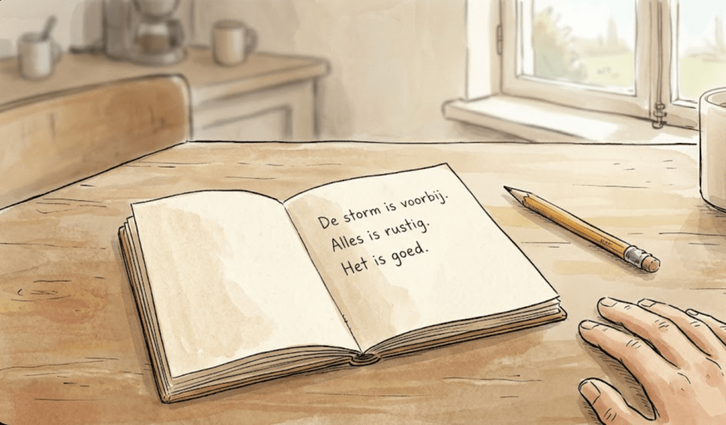 Handgetekende illustratie van een open notitieboek met de tekst "De storm is voorbij. Alles is rustig. Het is goed." Een beeld over innerlijke rust en het loslaten van perfectionisme, met een hand die rust naast een potlood op een zonnige keukentafel.