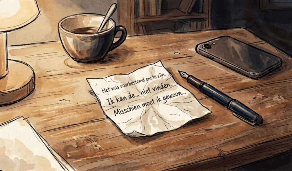 Handgetekende illustratie van een onafgemaakte brief en omgekeerde telefoon op een tafel - symbool voor uitstelgedrag en keuzestress bij perfectionisme