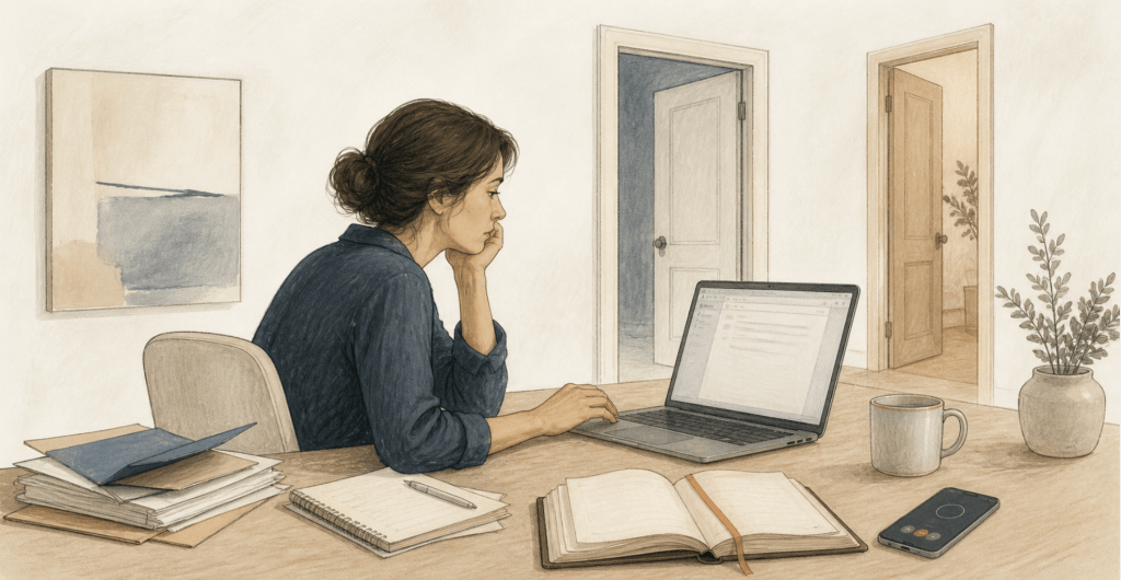 Handgetekende illustratie van een twijfelende professional aan een bureau met laptop, onafgewerkte e-mail, open agenda en halfopen deuren als symbool voor perfectionisme, besluiteloosheid en mentale overbelasting.