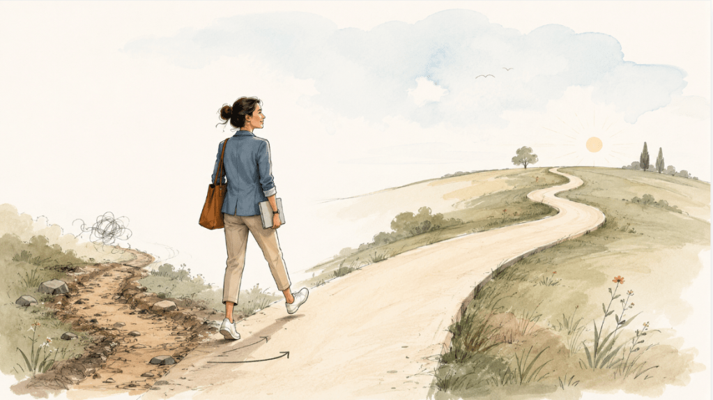Handgetekende vrouw op een kronkelend pad die opnieuw richting kiest, als metafoor voor motivatie, gedragsverandering, perfectionisme en coaching.