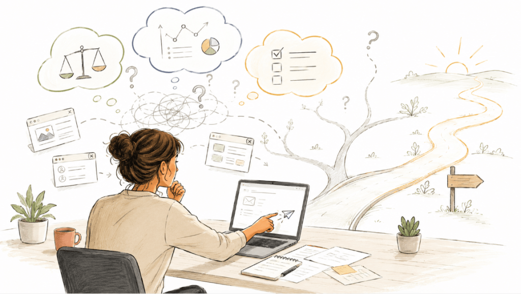 Handgetekende illustratie van een twijfelende professional achter een laptop, met keuzeopties, vraagtekens en een helder pad vooruit als symbool voor besluiteloosheid, perfectionisme en coaching.