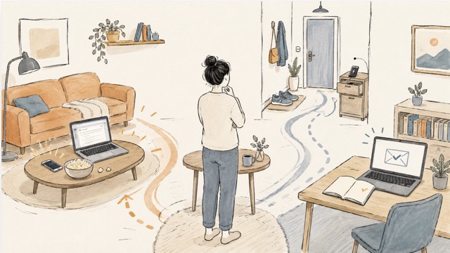 Handgetekende illustratie van een kamer waarin oud gedrag makkelijk klaarstaat en nieuw gedrag bewust voorbereid wordt voor artikel van mental coach en perfectionismecoach