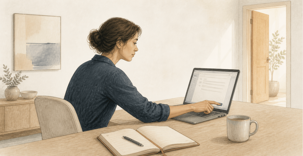 Handgetekende editorial illustratie van een professional aan een bureau die rustig een kleine beslissing neemt op haar laptop, met open agenda en koffie, als beeld voor twijfel, besluiteloosheid en stap voor stap opnieuw vertrouwen krijgen in jezelf.
