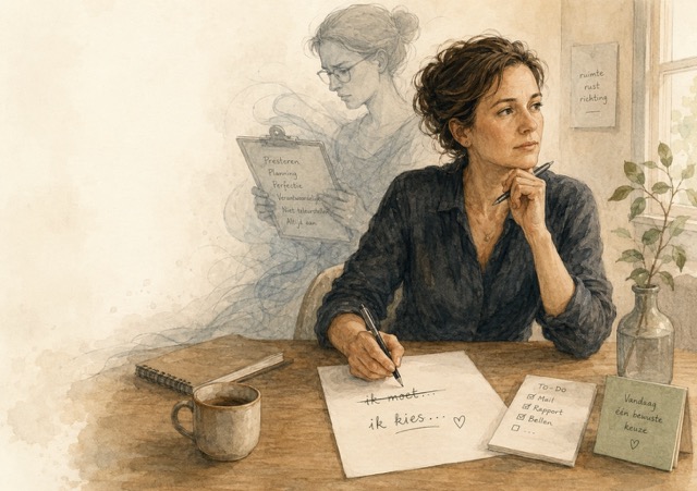 Handgetekende illustratie over perfectionisme en innerlijke druk, met een vrouw die oude verplichtingen onderzoekt en kiest voor meer rust, richting en bewuste actie.
