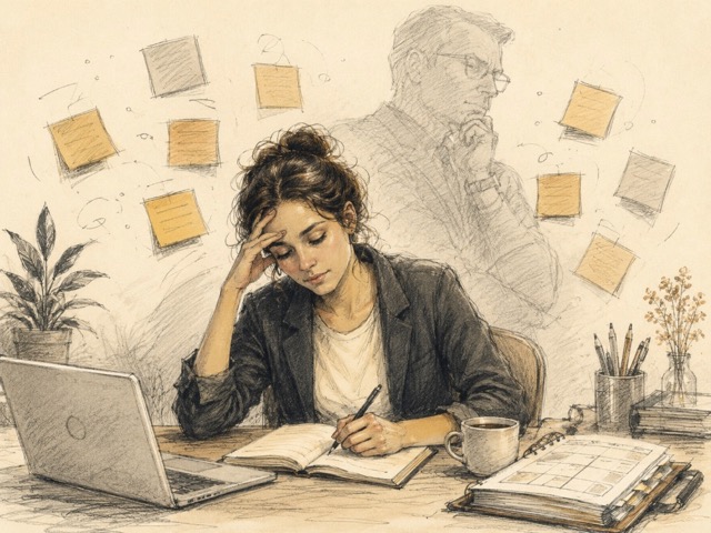 Handgetekende illustratie over perfectionisme, innerlijke druk en mentale vermoeidheid door alles wat je van jezelf moet.