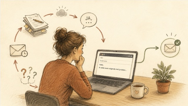 Handgetekende illustratie van iemand die twijfelt bij een e-mail, met symbolen voor uitstelgedrag, pleasen en perfectionisme, passend bij mental coaching en perfectionismecoaching