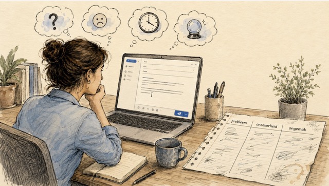 Handgetekende illustratie van een professional achter een laptop die twijfelt om een mail te verzenden, met een glazen bol en een blad waarop probleem, onzekerheid en ongemak worden gesorteerd.