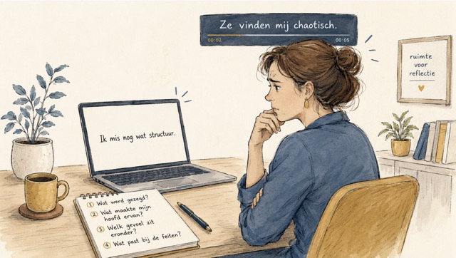 Handgetekende illustratie van een professional die feedback leest terwijl haar hoofd er een negatieve ondertitel aan geeft, over perfectionisme en mentale patronen.