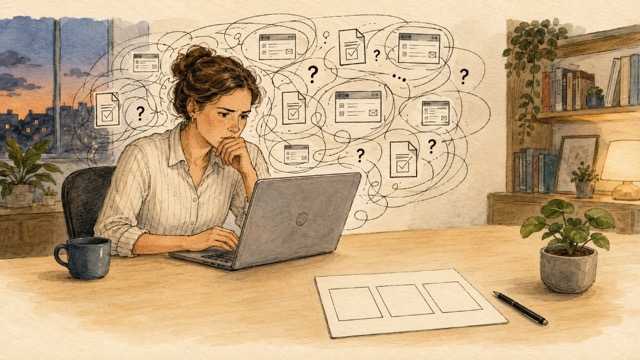 Professional piekert achter een laptop en leert feiten, gedachten en controle van elkaar onderscheiden. Perfectionismecoaching door een perfectionismecoach helpt bij piekeren.